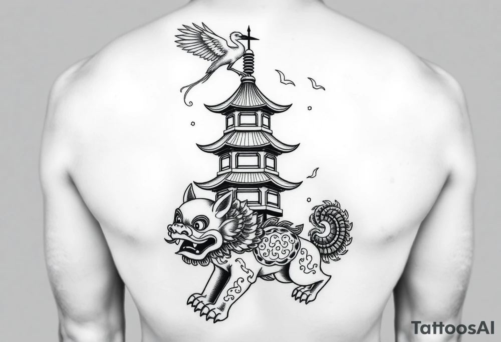 black and gray realism tattoo design for a full leg sleeve with chinese foo dog at the bottom, chinese pagoda on the calf and a chinese crane above the pagoda tattoo idea