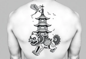 black and gray realism tattoo design for a full leg sleeve with chinese foo dog at the bottom, chinese pagoda on the calf and a chinese crane above the pagoda tattoo idea