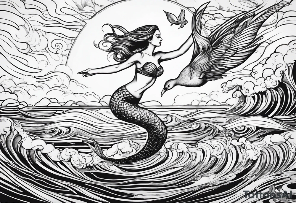 Mermaid jumping to touch pelican in air tattoo idea