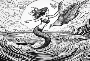 Mermaid jumping to touch pelican in air tattoo idea