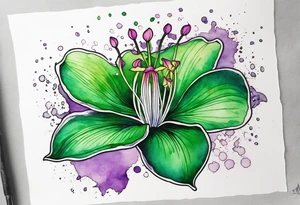 An outline of an only green rio dipladenia flower and a green and purple watercolor splash in the background tattoo idea