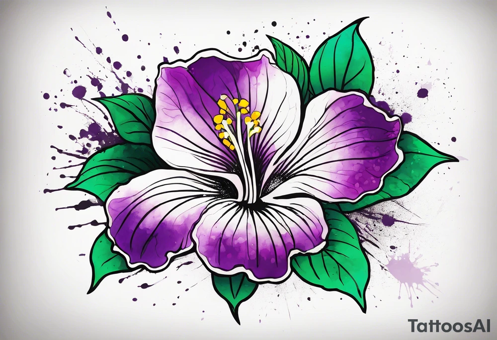 An outline of a rio dipladenia flower with a green and purple watercolor splatter in the background tattoo idea