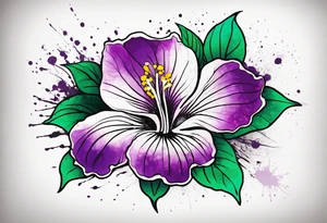 An outline of a rio dipladenia flower with a green and purple watercolor splatter in the background tattoo idea