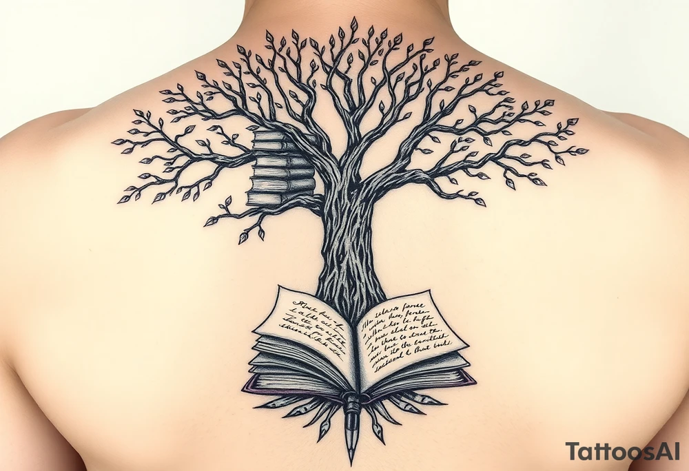Majestic tree of knowledge with books connected as roots stacked up and an open journal with beautiful cursive writing at the base with a fountain pen for the left arm sleeve tattoo idea