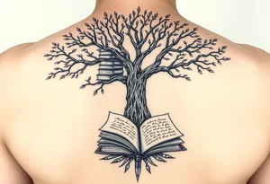 Majestic tree of knowledge with books connected as roots stacked up and an open journal with beautiful cursive writing at the base with a fountain pen for the left arm sleeve tattoo idea