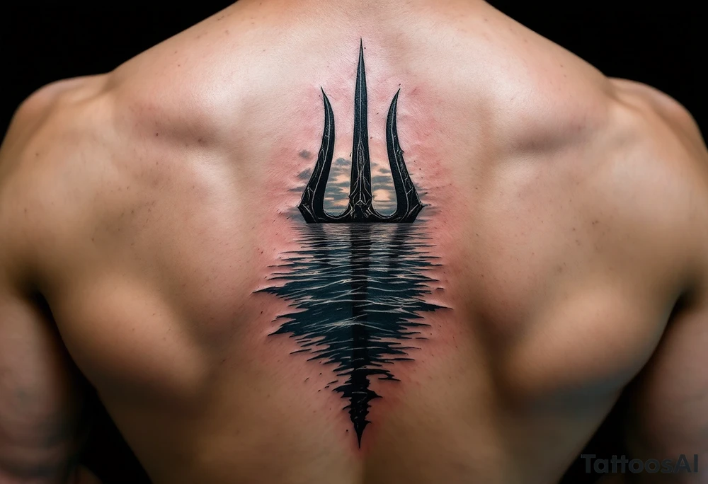 trident with Poseidon half way under calm water at sunset tattoo idea