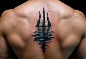 trident with Poseidon half way under calm water at sunset tattoo idea