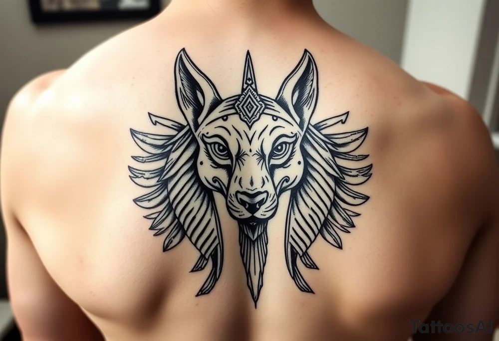 Egyptian Anubis god face muscle in Egypt style dog face surrounded Egyptian symbols tattoo idea