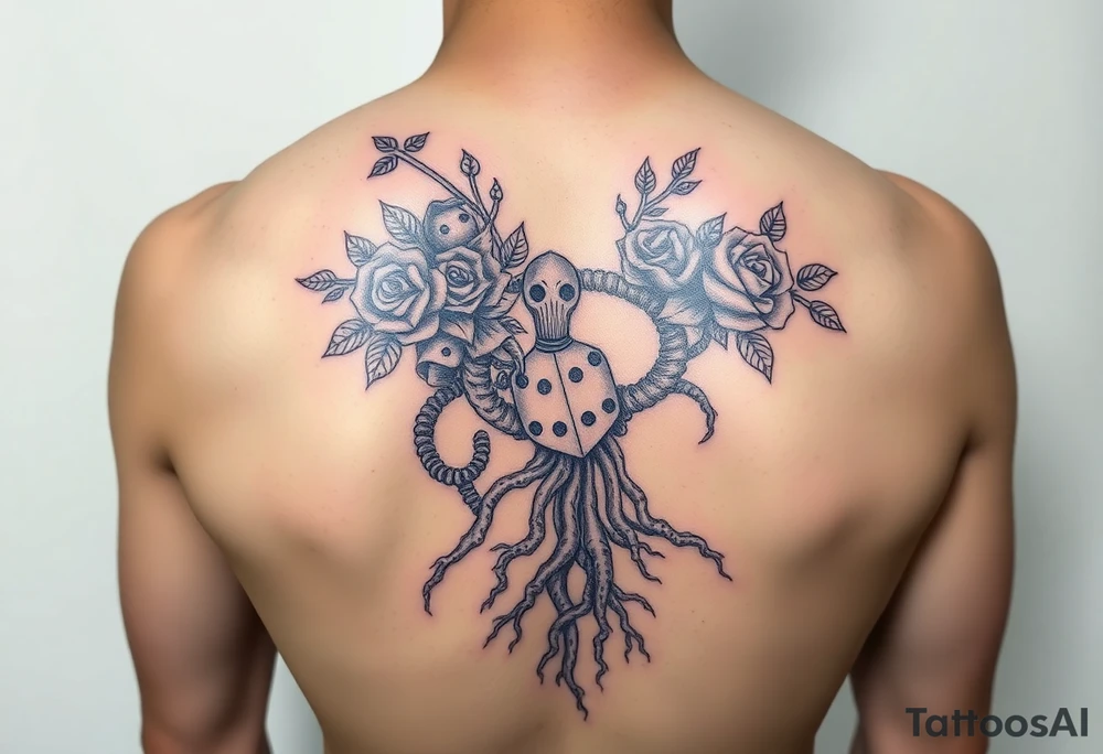 squid, knight intertwined with roses and tree roots rolling dice tattoo idea