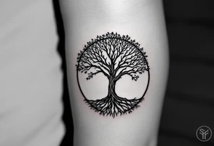 Tree inside a circular frame, seasons shown on each side (spring, summer, fall, winter) to represent generations. Names "Gabi (Spring)", "Leonard (Summer)", "Maty (Fall)", "Renata (Winter)." tattoo idea