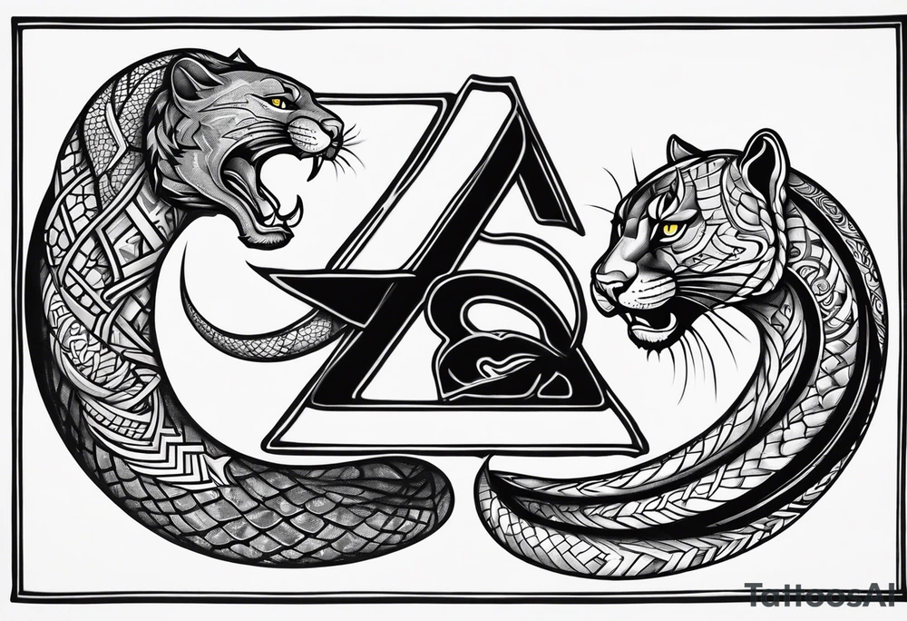 A snake and a panther wrap around the word "vitality" tattoo idea