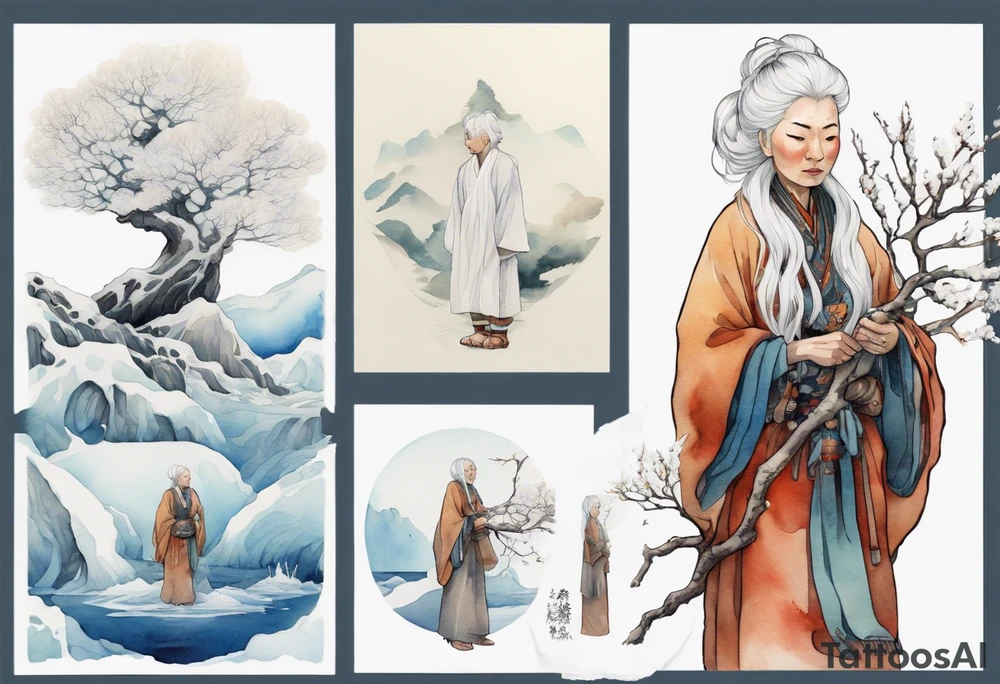 a 40 year old Sami woman with white hair and a white robe holding a long white tree branch, standing on an iceberg tattoo idea