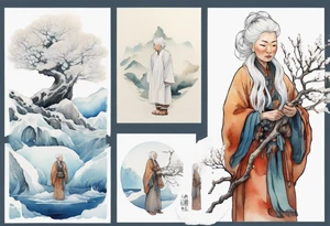a 40 year old Sami woman with white hair and a white robe holding a long white tree branch, standing on an iceberg tattoo idea