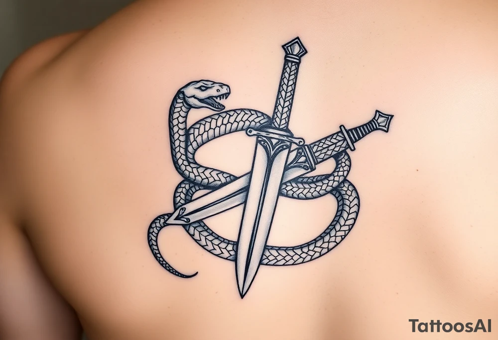 mystical snake coiled around an ancient dagger with jeweled hilt tattoo idea