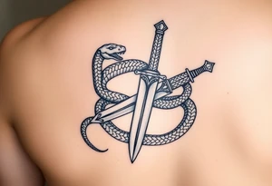 mystical snake coiled around an ancient dagger with jeweled hilt tattoo idea