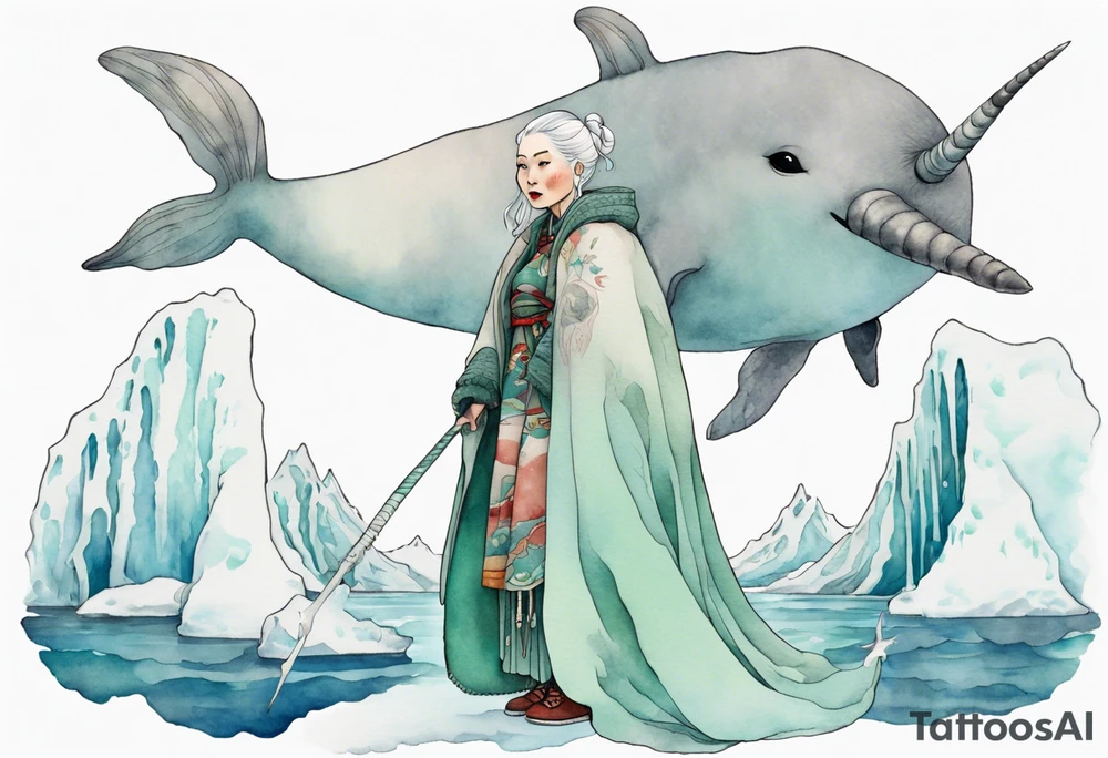 a 40-year-old Sami woman with white  hair wearing a white and mint cloak standing on an iceberg with one narwhal in the background tattoo idea