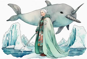 a 40-year-old Sami woman with white  hair wearing a white and mint cloak standing on an iceberg with one narwhal in the background tattoo idea