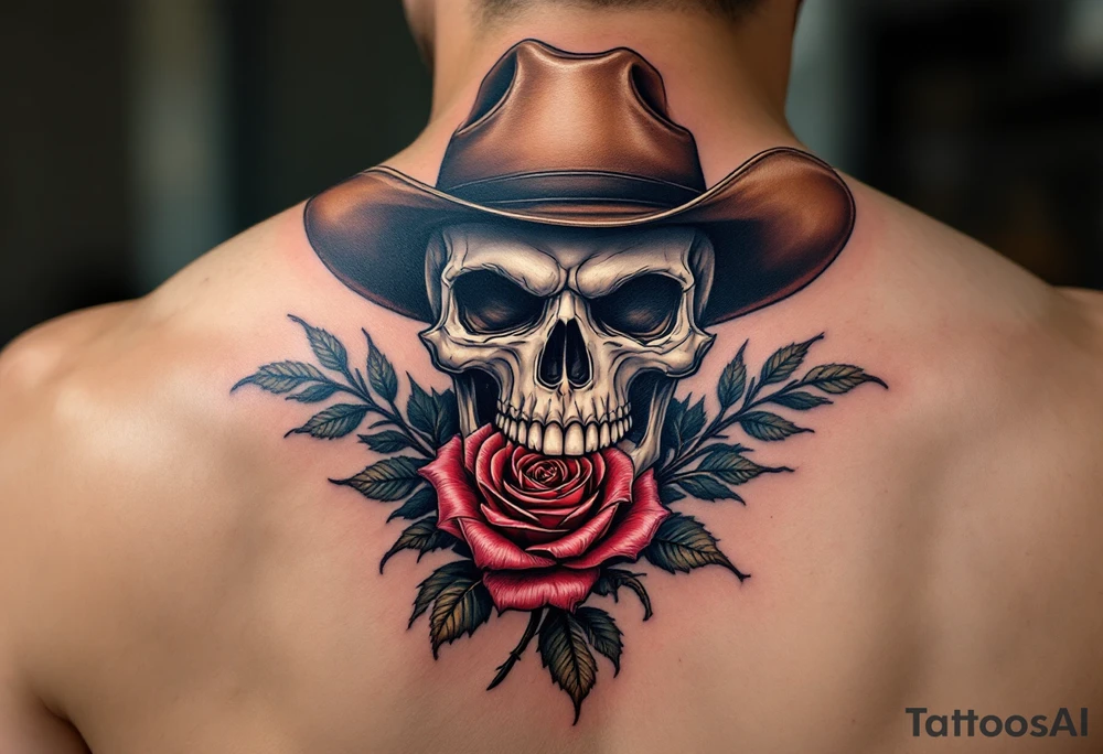 skeleton cowboy with rose in teeth tattoo idea