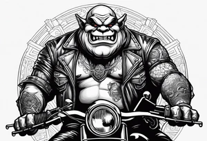 Ogre wearing leather riding a Harley Davidson tattoo idea