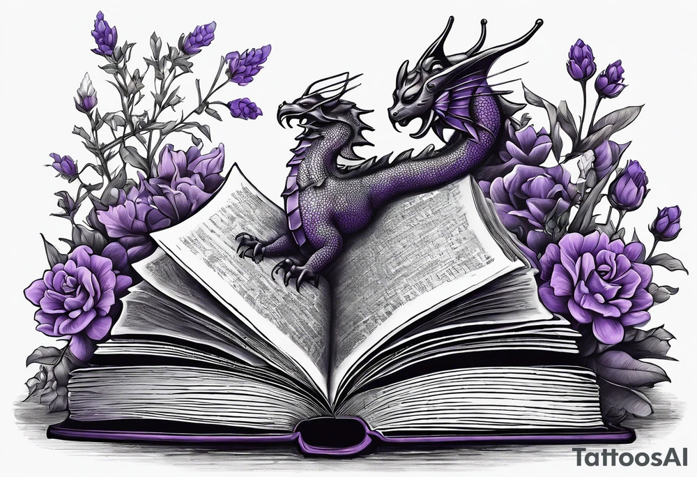 an open book. Above the book, a small dragon, flies. a pawn chess piece. Below the book, a cluster of lavender flowers, with a bumblebee tattoo idea