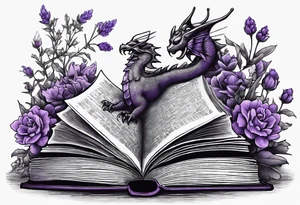 an open book. Above the book, a small dragon, flies. a pawn chess piece. Below the book, a cluster of lavender flowers, with a bumblebee tattoo idea