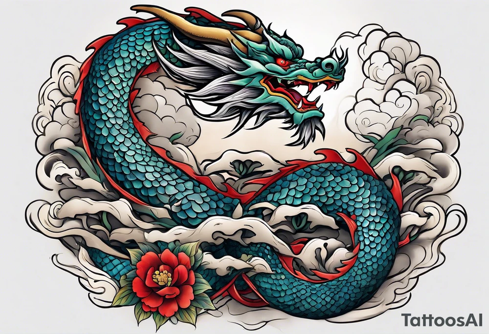 Asian dragon wrapping around an anchor centered on the Korean flag tattoo idea