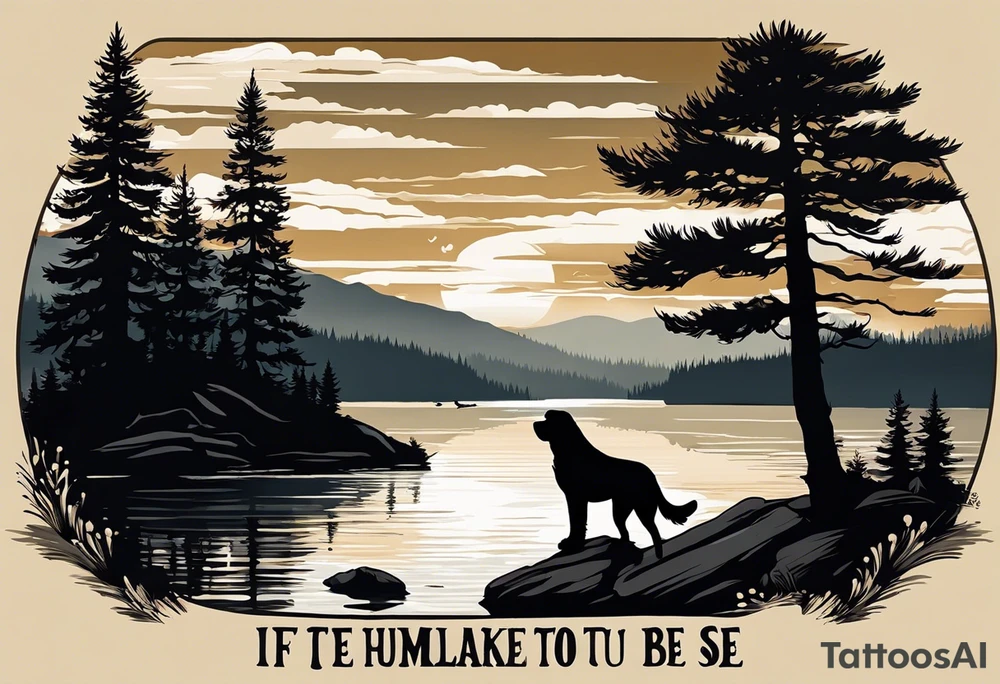 Sleeve tattoo windswept pine tree before lake with low hills on far side of lake. Mastiff silhouette in the foreground. with a dock coming out from the shore. Canadian shield. 
Include the words: "If the sun refused to shine
I would still be loving you
When mountains crumble to the sea
There will still be you and me" tattoo idea