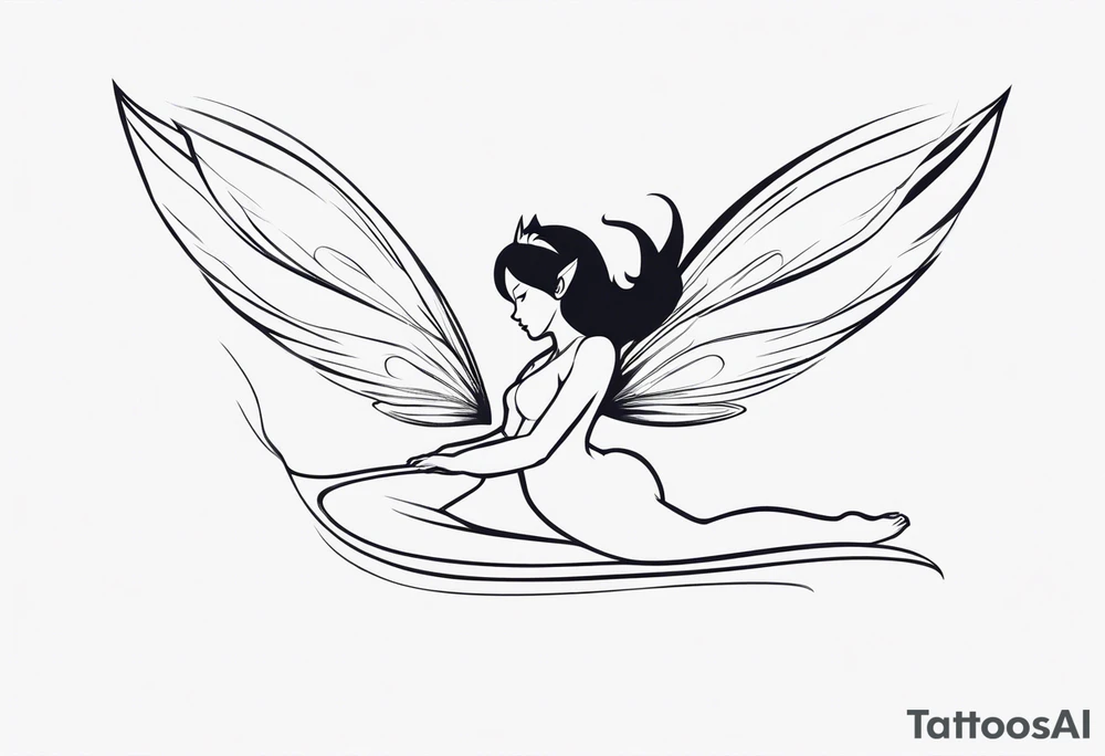 Minimalistic, monochromatic fairy with a tail flying to the left in a fetal position, leaning and looking in the same direction, with visible hands, embodying the 'Fairy Tail' logo aesthetic. tattoo idea