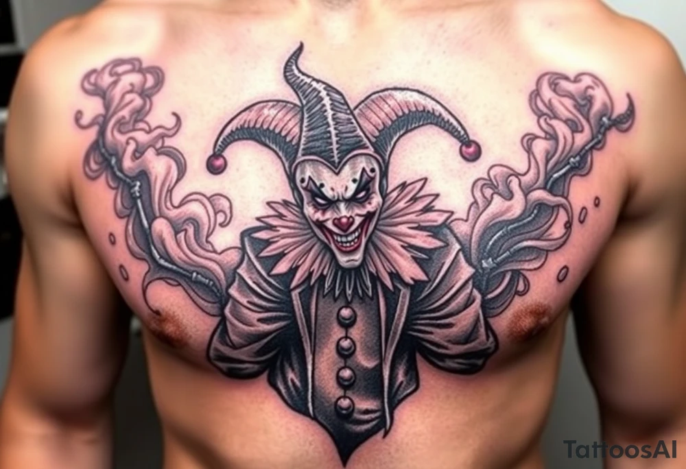 jester in a fog of smoke tattoo idea