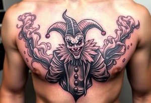 jester in a fog of smoke tattoo idea