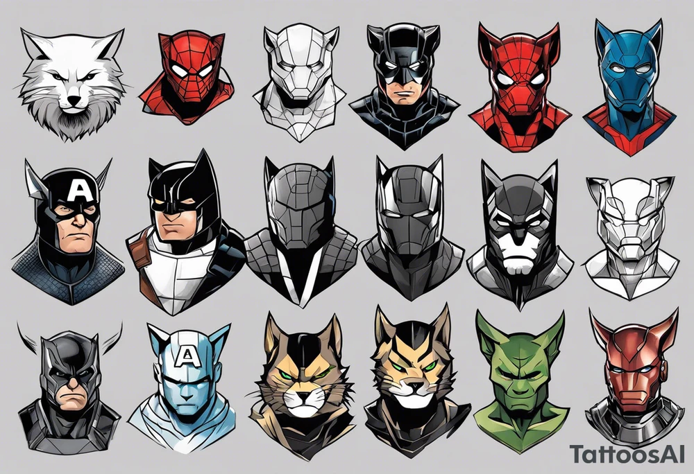 I want to change Avengers Team characters with animals. Hulk will be Badger, Thor will be Alpha Grey Wolf, Captain America will be Bull, Iron Man will be Canary, Black Widow will be Axolotl, Hawk Eye will be Sudan Plated Lizard and Nick Fury will be Cat. tattoo idea