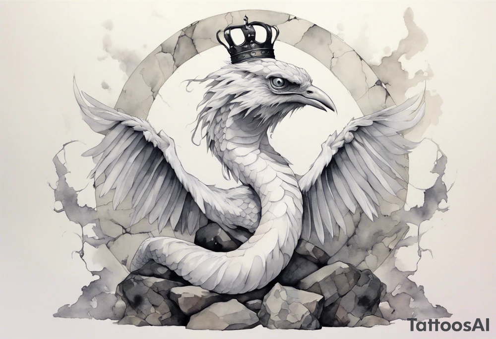a watercolor of a white bird-serpent hybrid wearing an iron crown, perched upon a stone tattoo idea