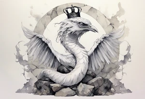a watercolor of a white bird-serpent hybrid wearing an iron crown, perched upon a stone tattoo idea