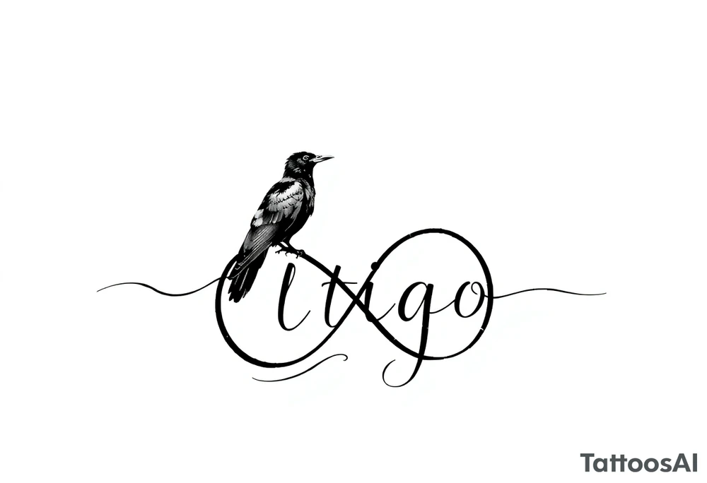 1. **Typography with Infinity**: "Latigo" could be in the modern font you like, and the infinity symbol can seamlessly flow from the end of the "o," creating a continuous line that connects the text. 

2. **Crow Perched on the Infinity Symbol**: You could have the crow perched on one side of the infinity symbol, perhaps with its wings slightly spread, which would give the design a dynamic feel.

3. **Flowing Elements**: To enhance the design, you could add some flowing lines or subtle curves around the infinity symbol to give it a sense of movement, almost like it's part of a larger story.

4. **Minimalist Crow Detail**: The crow can be stylized in a way that keeps it elegant but recognizable, focusing on the outline with just enough detail to convey its features without overwhelming the design. tattoo idea