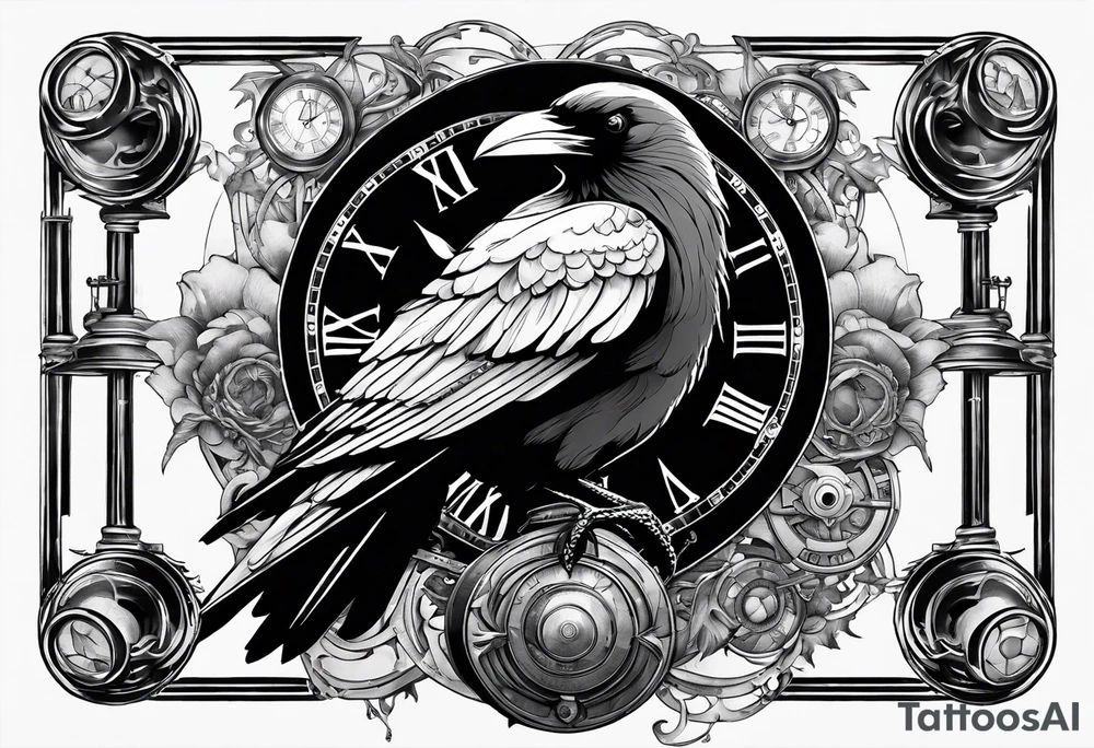 Raven sitting on a clockwork tattoo idea