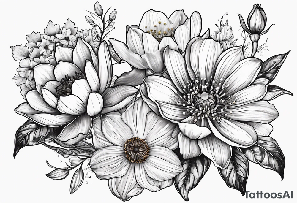 Poppy, water lily, Lily of the valley, daffodil, cosmo, rose, daisy flower bouquet, portrait style tattoo idea