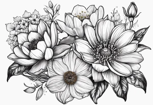 Poppy, water lily, Lily of the valley, daffodil, cosmo, rose, daisy flower bouquet, portrait style tattoo idea