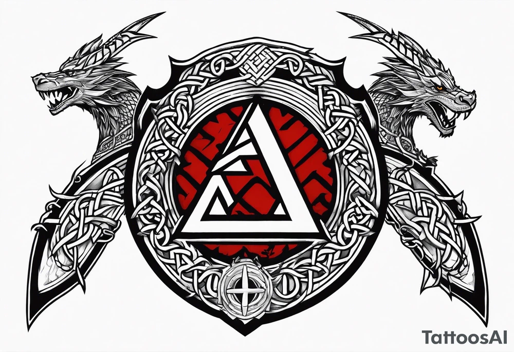 Valhalla sword shield dragon axe Valknut barbed wire chains tattoo idea Valhalla sword shield dragon axe Valknut barbed wire chains tattoo idea