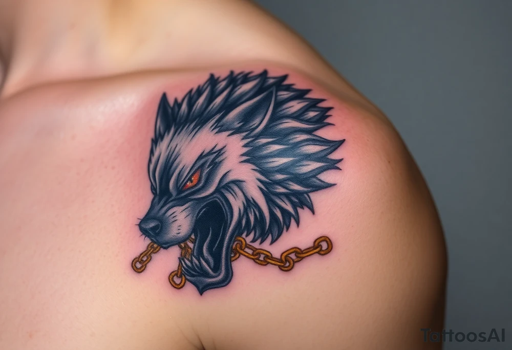 Fenrir, the monstrous wolf, breaking free from golden chains, his fur a mix of silver and deep shadowy black, eyes glowing blood-red tattoo idea