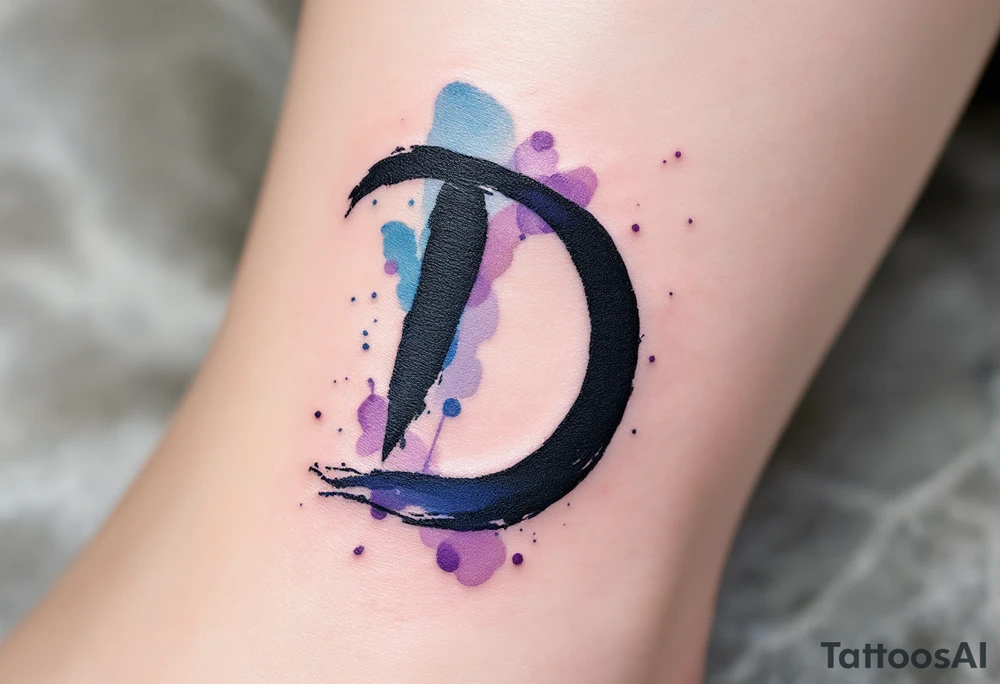 Watercolor Brushstroke D – A bold, free-flowing D painted with vibrant blue and purple watercolor splashes fading outward. tattoo idea