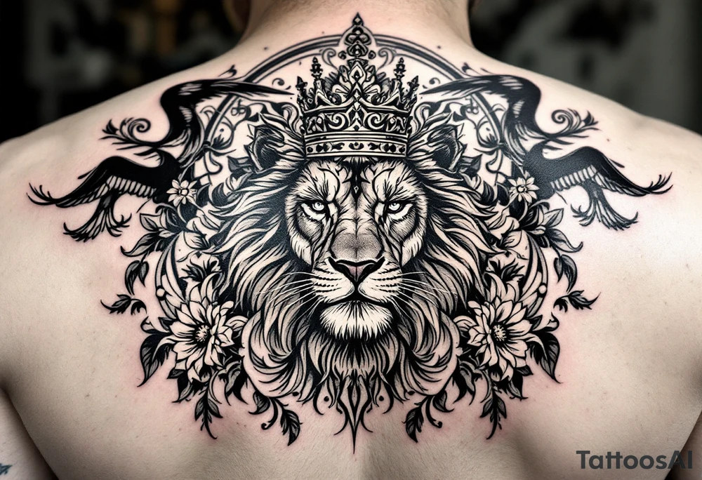 powerful majestic lion with a crown, surrounded by floral ornaments and birds tattoo idea