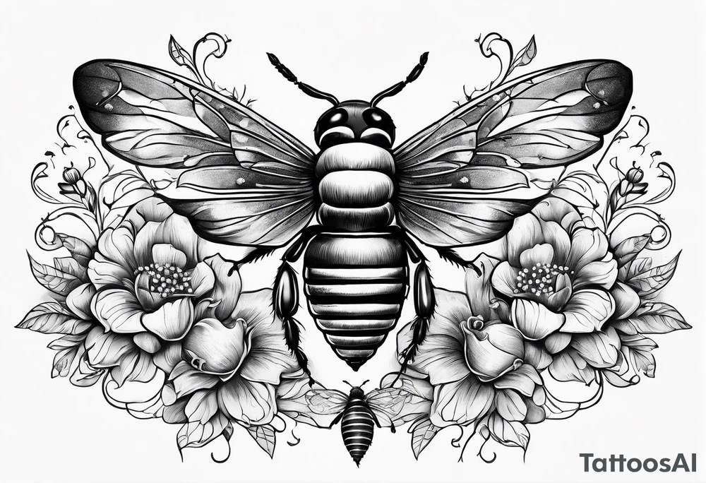 Image of a spine, with small flowers, bees and birds and hearts tattoo idea