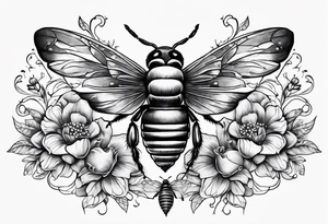 Image of a spine, with small flowers, bees and birds and hearts tattoo idea