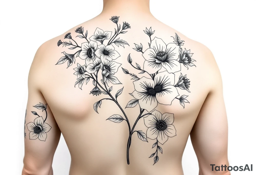 Full sleeve tattoo design of larkspur and hawthorn flowers, highly detailed line art, black ink, elegant botanical style, intertwined composition, no shading, no human mock-up, clean stencil style suitable for tattooing, fit fully within boundaries. LINE ART ONLY, REMOVE HUMAN, NO SKIN tattoo idea
