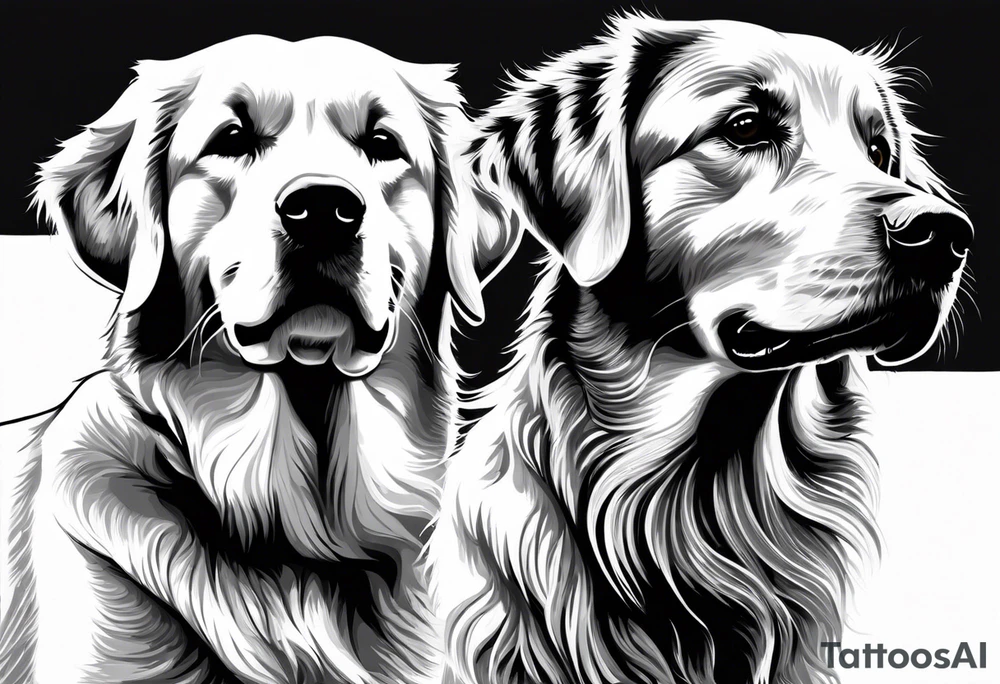 two dogs one is a dark colored golden retriever and the other is a light colored Labrador. They are happy. tattoo idea