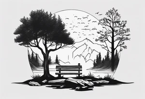 Matching minimalistic Tattoo about a landscape of a tree next to a log bench tattoo idea