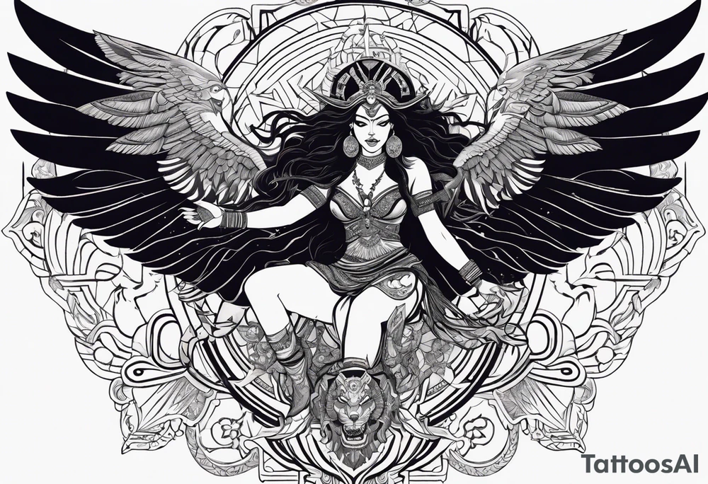 black kali, goddess pirate, alien, angel, pachamama, valkrye, warrior, flying, skull, lotus azul, wing, eagle, zenza resonance, stars, 5D, anahata chakra, death, durga, riding on a tiger, flying lady tattoo idea