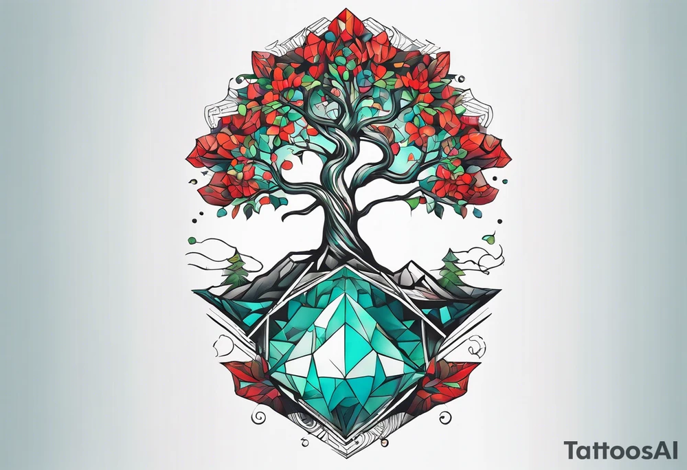 geometric style tattoo on knee with baby blue, red, and green accents. tree tattoo idea