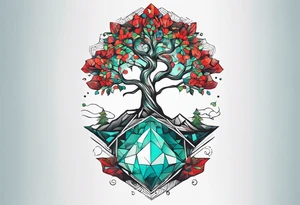 geometric style tattoo on knee with baby blue, red, and green accents. tree tattoo idea