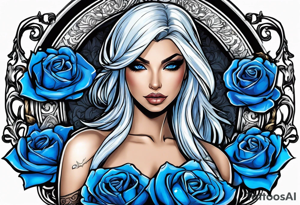 The woman's eyes are covered with a blue ribbon, she holds a sword in one hand and scales in the other . lady justicia, blue roses frames tattoo idea